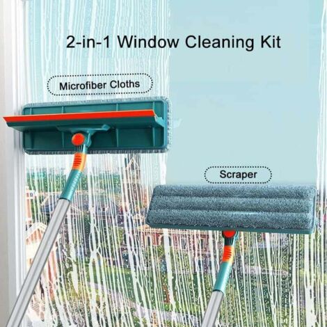 Kit Nettoyeur De Vitres Télescopique 3 En 1 (jusqu'à 3m) - Avec Raclette Silicone Et Chiffons Microfibre - Orange