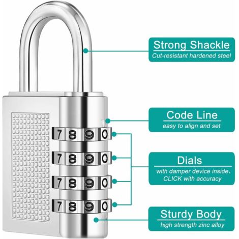 Lot De 4 Cadenas à Combinaison 3 Chiffres - Métal Résistant Intempéries