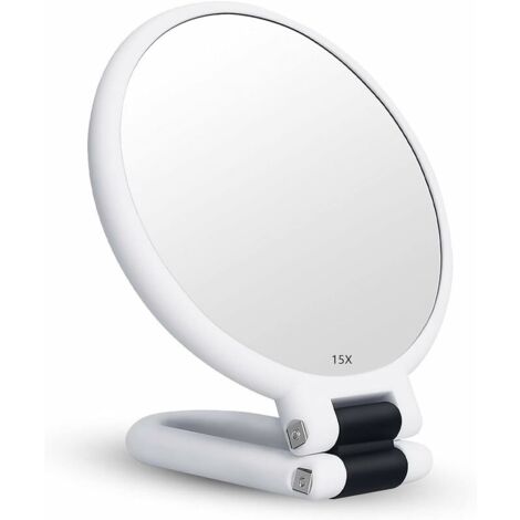 Miroir Grossissant x15 - Double Face - Miroir Pliable avec Poignée - Miroir de Maquillage à Main - Miroir à Palette de Coiffeurs - Miroir Pliant Utilisé pour Divers Détails de Maquillage - Blanc (1/5)