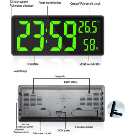 Horloge Murale Numérique Avec Température Et Humidité – Affichage Grand Format, Piles Ou USB, Marron – Pour Chambre, Bureau, Salon - 9