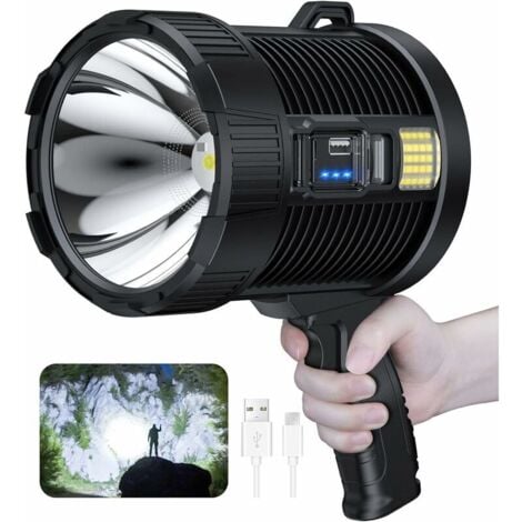 Projecteur rechargeable  - 100000 lumens - Led projecteur à main - Grande lampe de poche - Projecteur solaire extérieur super lumineux - Avec lampe Cob - 6 modes - Étanche IPX5 - Noir
