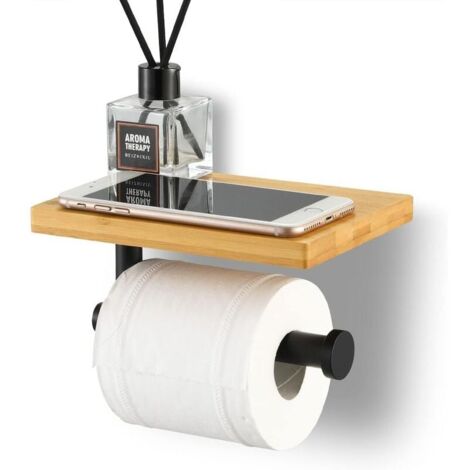 Porte Papier Toilette avec Etagère  - Bambou - Porte Rouleau en Acier Inoxydable SUS304 - Support Mural Noir Mat (1/5)