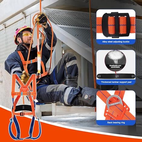 Qidures Harnais De Sécurité 5 Points Anti-Chute – Ceinture Baudrier Réglable Avec Absorbeur De Choc, Idéal Construction, Toiture, Escalade & Travaux En Hauteur
