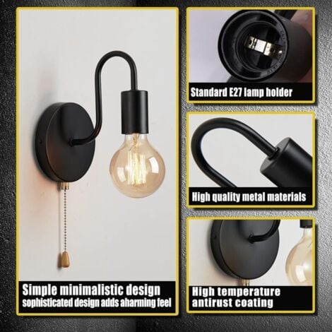 Applique Murale Douille E27 avec Interrupteur,Lampe Murale Vintage E27 Douille Standard Pour Salon Chambre à Coucher DéCoration Industrielle (Ampoule non incluse, Noir)