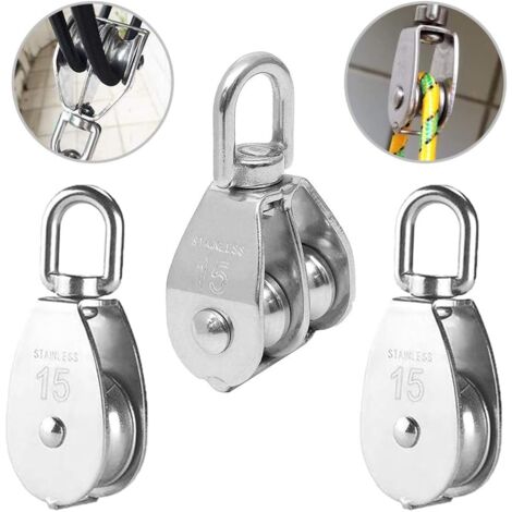 Litzee – Poulie double inox pivotante M15 – Lot de 3 – Charge maximale 35 kg – Anneau pivotant 2360° pour levage et traction