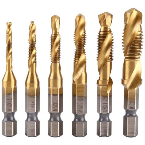 Lot de 6 tarauds filetés, filetage métrique M3-M10 avec revêtement en titane HSS et embouts de taraudage 1/4" queue hexagonale cannelée pour tarauder différents fils. (1/6)