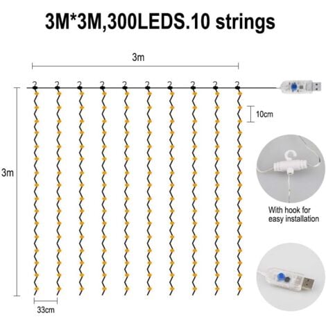 Rideau Lumineux, Fenêtre Guirlandes Lumineuses 300 LED 3m3m, 8 Modes d'Eclairage, Ambiance pour Décoration Noël, Mariage, Anniversaire, Balcon, Terrasse, Chambre [Classe énergétique A+] - Blanc