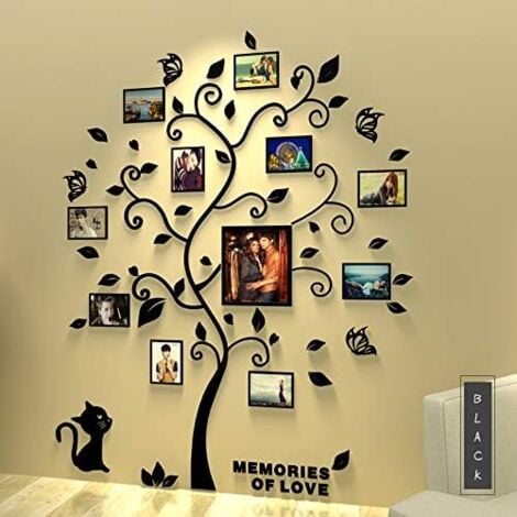 Photo Stickers Autocollants Muraux Amovibles 3D Acrylique Arbre avec des Branches Incurvées et des Cadres de Photo(Feulles Noires)