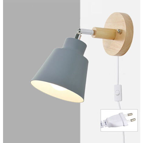 Applique murale avec prise Macaron Applique murale avec interrupteur E27 Type de lampe Bois Lampe de chevet pour salon et chambre Réglable Prise Applique murale (Gray )