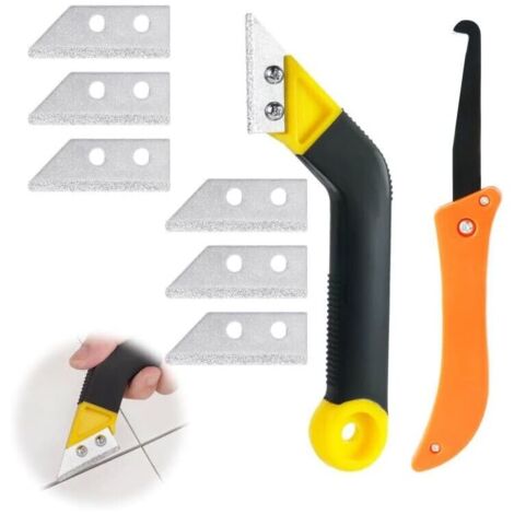 Lot de 9 Grattoirs Joints Carrelage avec, 7 Lames de Rechange et 1 Scie Coudée, Grattoir Rasoir Nettoyage pour Carrelage, Grattoir a Dejointer Carrelage,Grattoir à Joints (1/5)