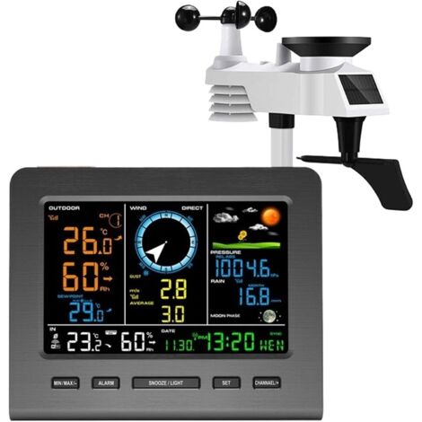 Station météo numérique, station météo sans fil, prévisions météo, température, pression, humidité, vent, pluviomètre, alarme, affichage de données multiples (station météo Wi-Fi) (1/5)