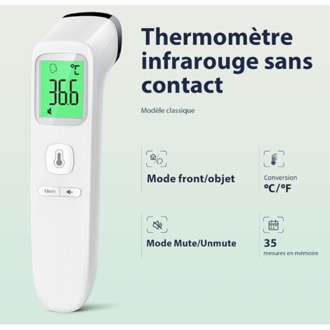 Thermomètre Frontal sans Contact CHAMP HEALTH Affichage LCD Infrarouge Bébé Nourrisson Adulte Norme CE Résultats en 1 Seconde, Mémorisation des 32 Derniers Résultats, Piles inclues