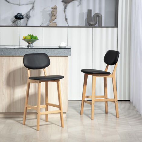 Lot de 2 tabourets de bar, chaises hautes, revêtement synthétique avec dossier et pieds en bois, noirTabouret de bar (1/5)
