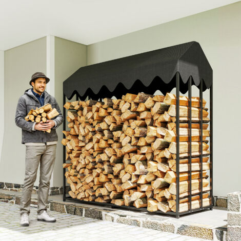 Range bûches extérieur, étagère à bûches avec housse de protection 600D Oxford capacité 1,9 m³, acier 186x70x185cm noirRangement bois de chauffage