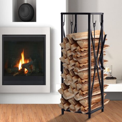 Outsunny Porte bûches - Range bûches Serviteur de cheminée Colonne - Multi Accessoires dim. 34L x 34l x 111H cm métal NoirRangement bois de chauffage (1/5)
