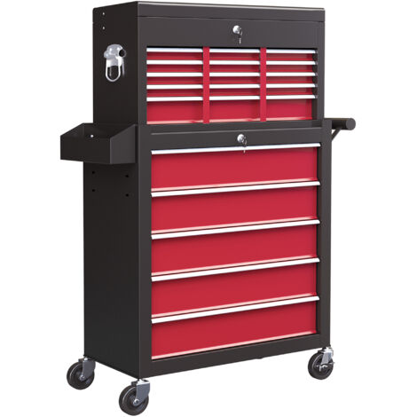 Chariot à outils en deux parties, verrouillable, 14 tiroirs, panneau perforé, acier, rouge (1/5)
