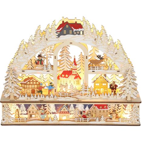 Village de Noël lumineux avec 20 LED, village de Noël animé en arc, fonctionne sur piles, 45 x 10 x 35 cm, bois naturel