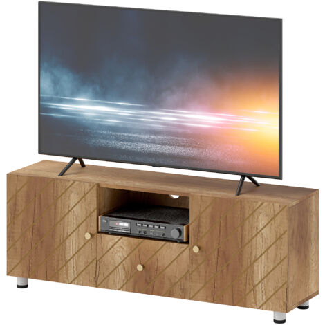 Meuble TV Meuble TV banc TV pour téléviseur jusqu'à 50 pouces avec 2 placards et compartiment ouvert et tiroir, bois naturel (1/5)