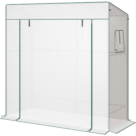 Serre de jardin Serre de jardin murale adossée avec 1 porte enroulable, bâche PE renforcée, 2 fenêtres, dim. 196L x 77l x 197/178H cm