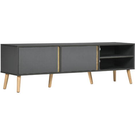Meuble TV Meuble TV pour télévision jusqu'à 55 pouces scandinave 2 portes 2 niches avec passe-câbles 150 x 35 x 45 cm gris foncé (1/5)