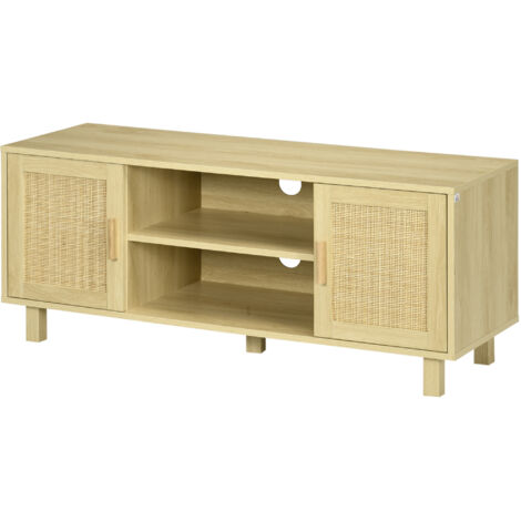 Meuble TV  Meuble TV Banc TV 2 niches 2 placards Porte cannage en rotin dim. 115L x 40l x 48H cm MDF Aspect Bois Clair (1/5)