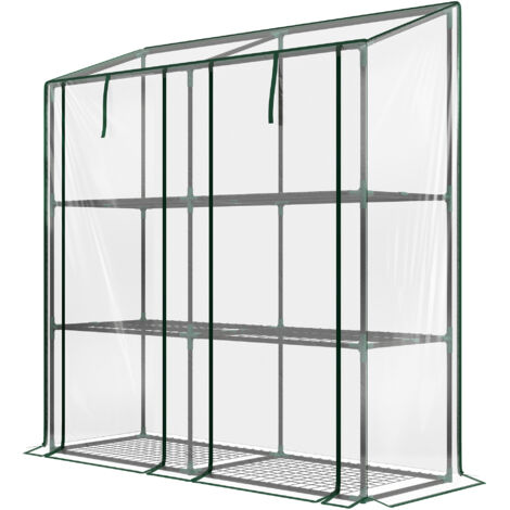 Serre de jardin Mini serre de jardin 3 niveaux avec bâche en plastique, 2 portes enroulables, 6 étagères, dim. 143L x 46l x 141/151H cm (1/5)