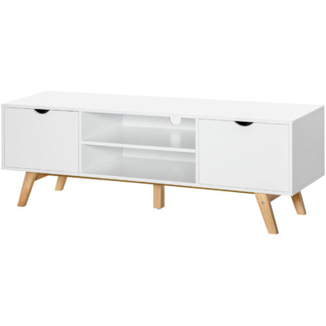 Meuble TV Meuble TV Banc TV sur Pied Moderne Scandinave 2 Portes 2 niches en Bois Blanc 150L x 39l x 50H cm (1/5)