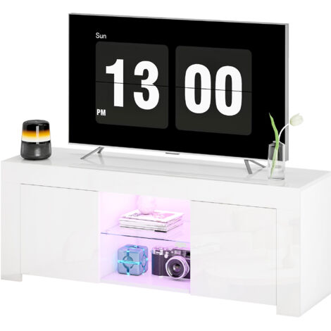 Meuble TV Meuble TV avec éclairage LED, 2 portes, étagère en verre, passe-câbles, pour salon, panneaux de particules, blanc (1/5)