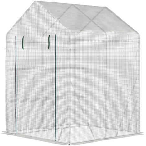 Serre de jardin Outsunny Serre de jardin PE avec étagères 2 niveaux, serre de balcon, bâche renforcée 140 g/m², châssis en acier, porte zippée enroulable, pour légumes plantes fleurs, 143x143x195cm, b