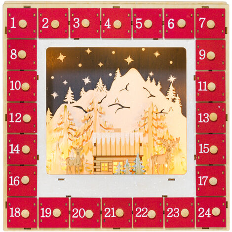 Autre décoration pour Noël Calendrier de l'Avent LED, décorations de Noël en bois, 24 tiroirs à remplir, décoration lumineuse, rouge (1/5)