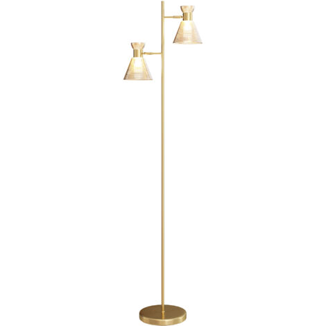 Lampadaire d'intérieur Lampadaire sur pied salon à double tête réglable, lampe sur pied, abat-jour en verre floral, 42 x 25 x 165 cm, doré