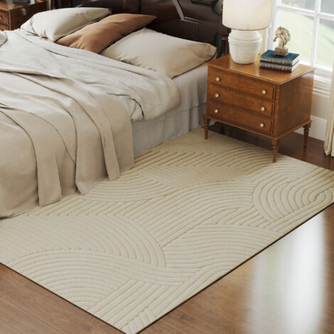 Cloison amovible Tapis salon 230 x 160 cm, tapis à poils épais géométrique, moelleux et antidérapant, crème
