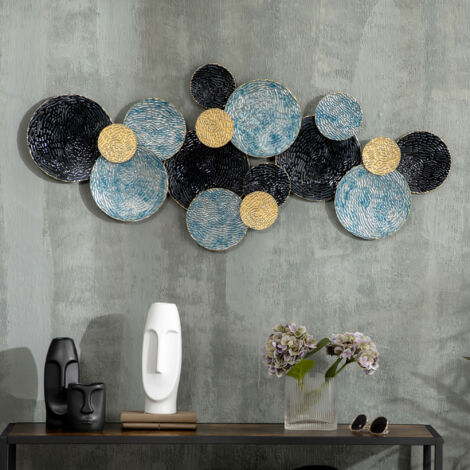 Cloison amovible Décoration murale 3D à cercles, 121 cm x 4 cm x 53 cm, métal bleu et noir. (1/5)