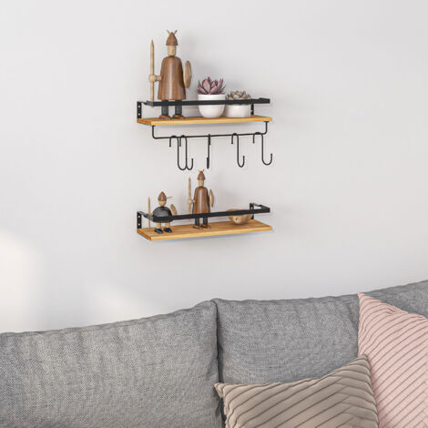 BELLE VOUS Lot de 2 Étagères de Cuisine en Bois - Étagère Murale avec Rail et Crochets - Etagere de Rangement Mural pour Bar à Café - Etagère Décorative - Salle de