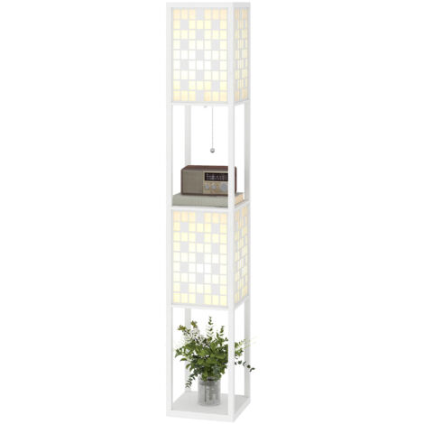 Lampadaire d'intérieur Lampadaire à motif quadrillé, étagères à 2 niveaux, compatible avec différentes ampoules, blanc