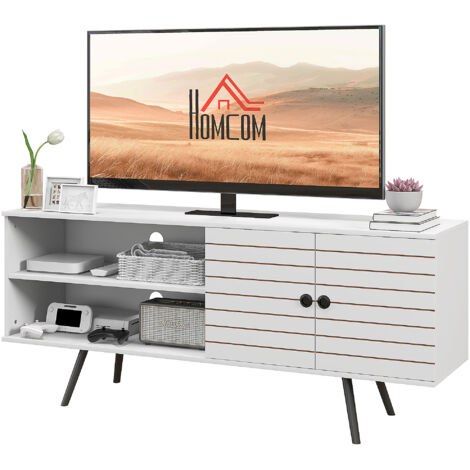 Meuble TV Meuble TV pour télévision jusqu'à 65 pouces avec 2 compartiments ouverts et 1 étagère réglable 145x38x65 cm Blanc (1/5)
