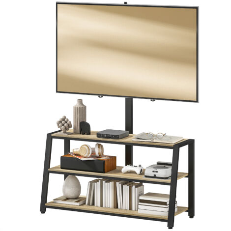 Meuble TV Meuble TV avec support pour téléviseurs de 32-70 pouces, étagères ouvertes, angle ajustable 35°, 108x41x135cm, effet bois naturel (1/5)