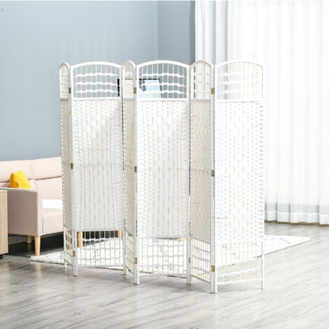 Cloison amovible Paravent intérieur 6 Panneaux Pliables 242L x 170H cm séparateur de pièce Bois de pin Bambou Fibres de Papier tressée Blanc Paille