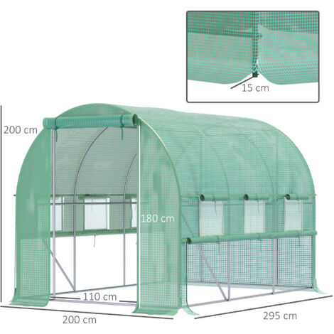 Outsunny Serre Tunnel De Jardin 6 M² – 6 Fenêtres, Porte Zippée, Structure Fer Galvanisé, Protection UV, Vert