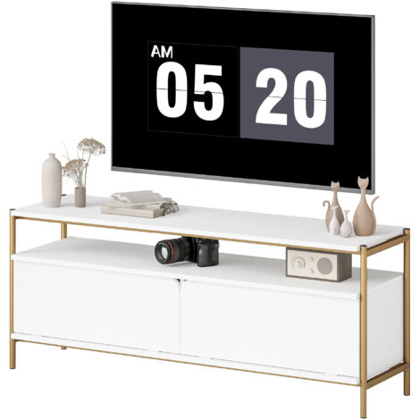 Meuble TV Meuble TV meuble télé pour téléviseur jusqu'à 55 pouces avec 2 portes rabattables et étagère ouverte, 124x35x50cm, blanc (1/5)