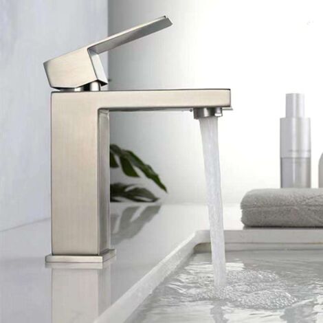 Robinet mitigeur lavabo nickel brossé – Bec droit plat – Mélange eau chaude et froide – Design moderne pour salle de bain