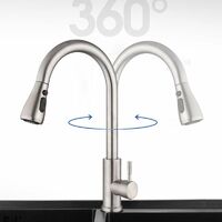 Mitigeur de cuisine rabattable en nickel brossé – 2 jets chaud/froid – Tuyau extensible – Bec rotatif 360° pour lavage facile