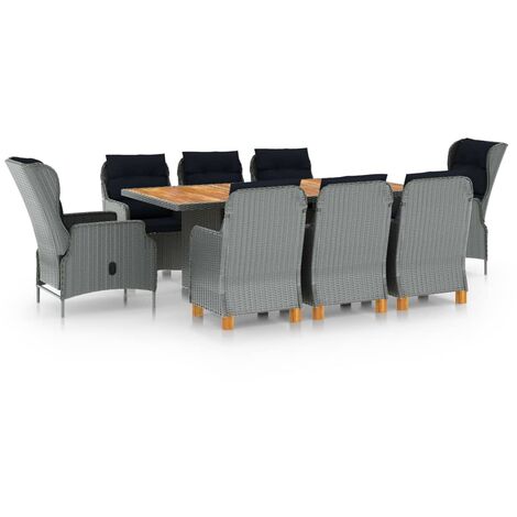 9 PCS conj. Cena al aire libre + cojines mimbre pe gris-luz