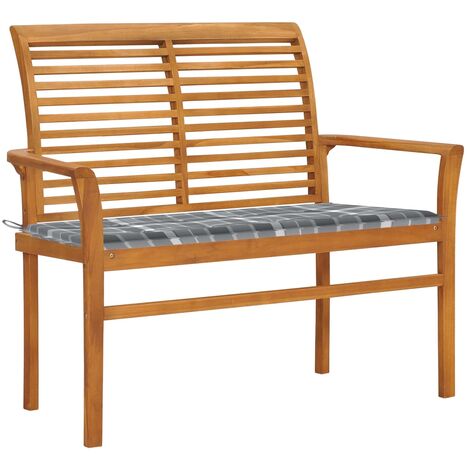 Banco de jardín con cojín a cuadros gris 112 cm de teca masiva (1/5)