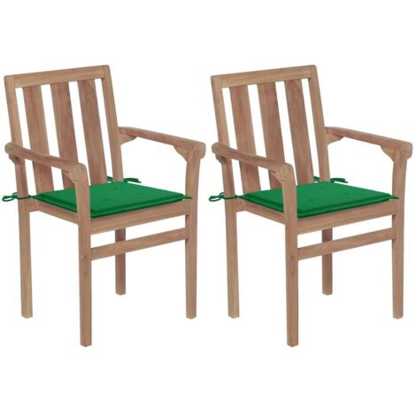 Sillas de jardín con cojines verdes 2 piezas masivas de teca (1/5)