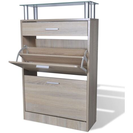 Vidaxl – Zapatero organizador de zapatos con cajón y estante de vidrio – Madera aglomerada – Dimensiones 63x24x104 cm – Almacenamiento para 12 pares (1/5)