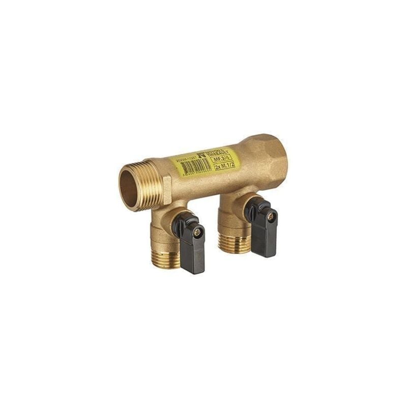 collecteur male/femelle (2 departs)  a visser avec vannes integrees - entree m/f 20x27 et 2 departs m 15x21 (entraxe 50 mm)