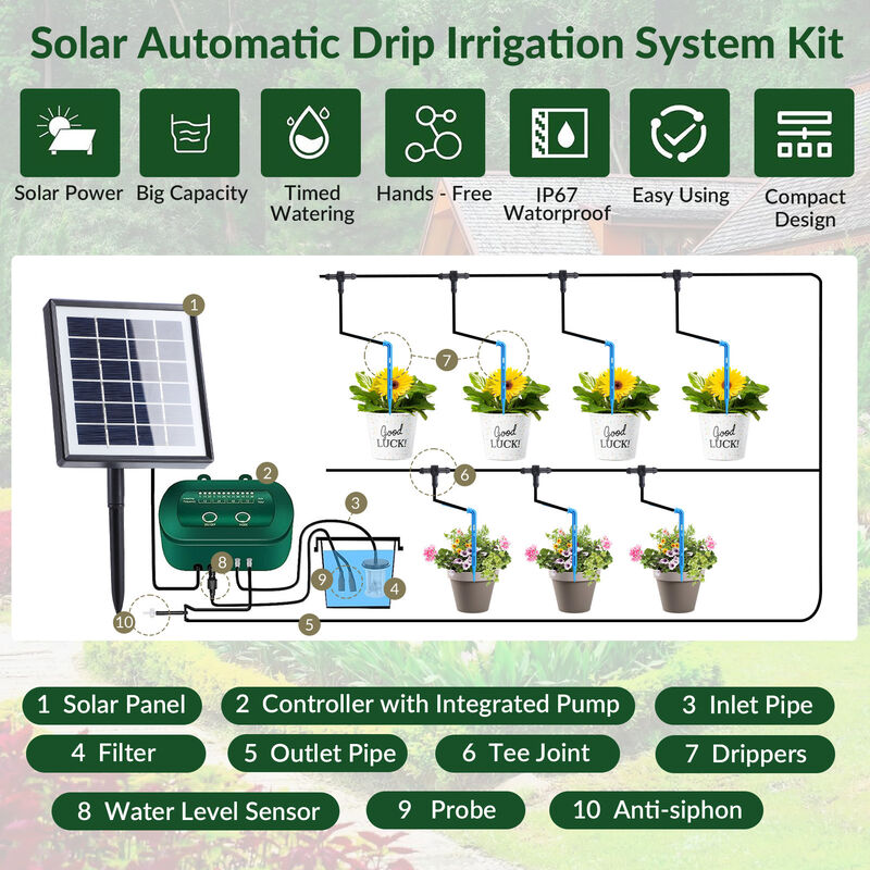 Système d'arrosage automatique solaire Kit d'irrigation goutte à goutte automatique  Dispositif d'arrosage automatique avec minuterie pour les plantes dans le  patio balcon serre