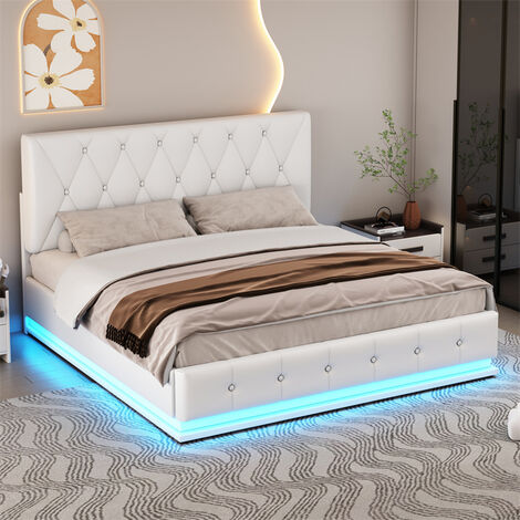 Lit coffre capitonné 140x200 cm avec éclairage LED - coffre de lit à levage  hydraulique & sommier à lattes & tête de lit prismatique housse en