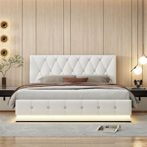Lit coffre capitonné 140x200 cm avec éclairage LED - coffre de lit à levage  hydraulique & sommier à lattes & tête de lit prismatique housse en  similicuir - lit adulte blanc